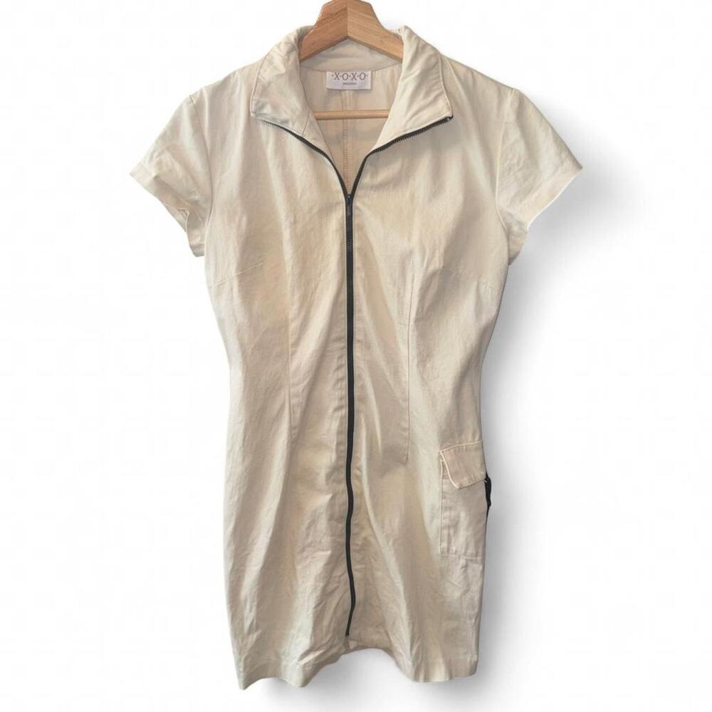 Vtg Y2K XOXO Reworked Zip Up Mini Dress S M Cream Dress Safari Desert Festival